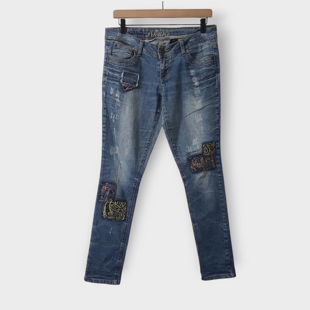 Premiere Rue 21 Patchwork Jeans Distressed Low-Rise Ramie Cotton Y2K Sz‎ 5/6